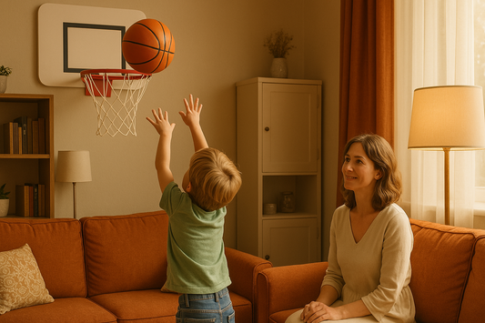A young child playing basketball indoors with a silent basketball, shooting towards a hoop in a cozy, warmly lit living room. A parent watches nearby, ensuring a safe and quiet playtime experience.