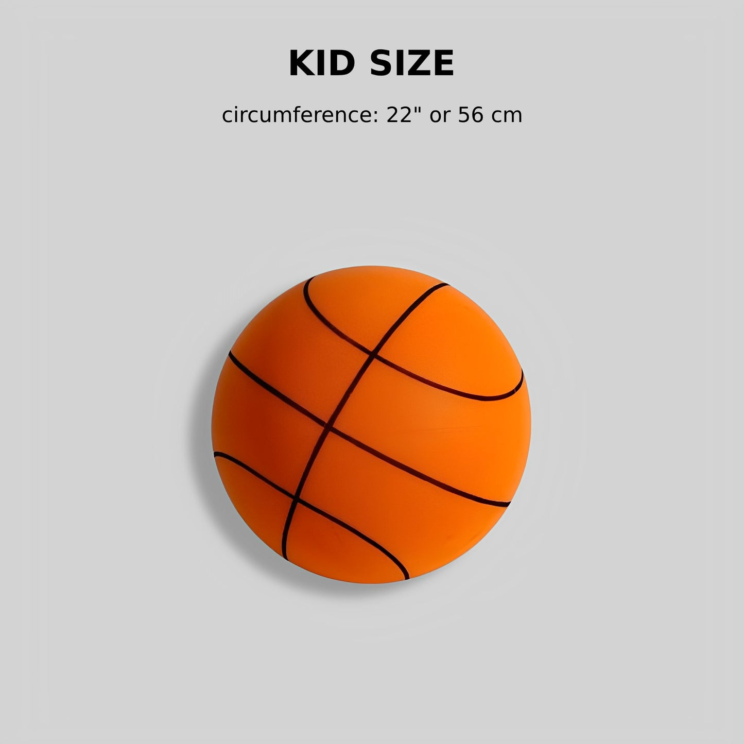 Kid-sized silent basketball with a circumference of 22 inches (56 cm), ideal for children, displayed on a light background.