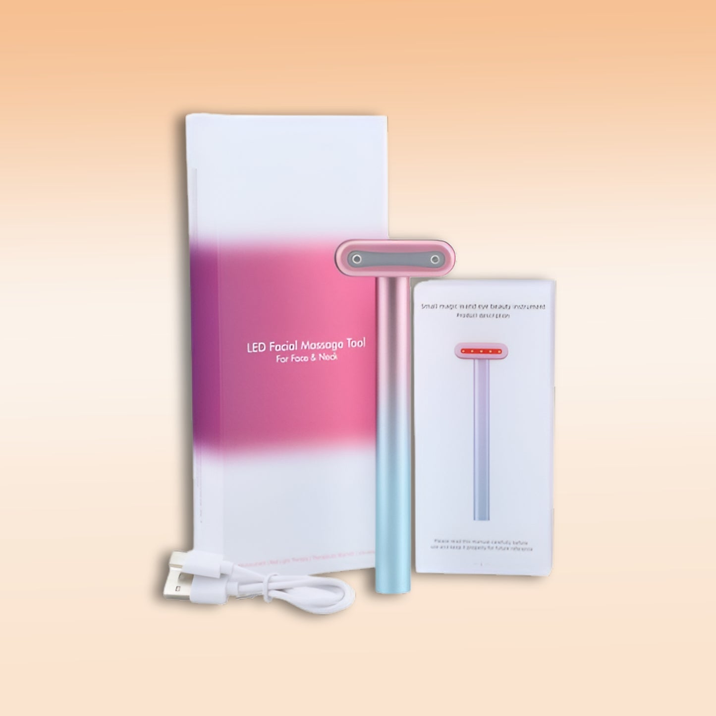 LED facial massage tool for face and neck with red light therapy, featuring sleek packaging, a charging cable, and user manual.