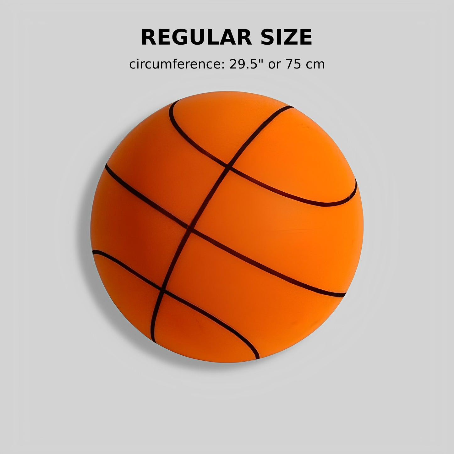 Regular-sized silent basketball with a circumference of 29.5 inches (75 cm), standard for adults, displayed on a plain background.