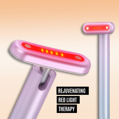 Handheld red light therapy wand with illuminated LED panel, designed for skin rejuvenation, fine line reduction, and improved circulation.