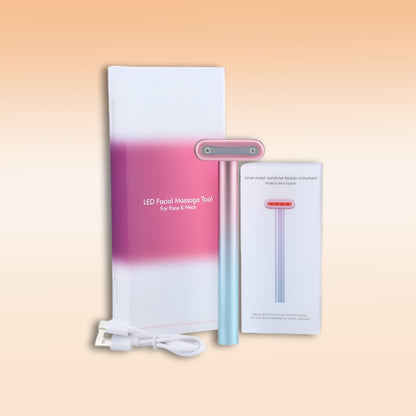 LED facial massage tool for face and neck with red light therapy, featuring sleek packaging, a charging cable, and user manual.